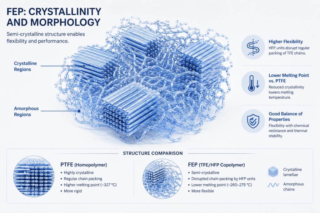 Scientific illustration of the semi-crystalline morphology of FEP fluoropolymer showing crystalline and amorphous regions, flexible polymer chains, and structural differences compared to PTFE.