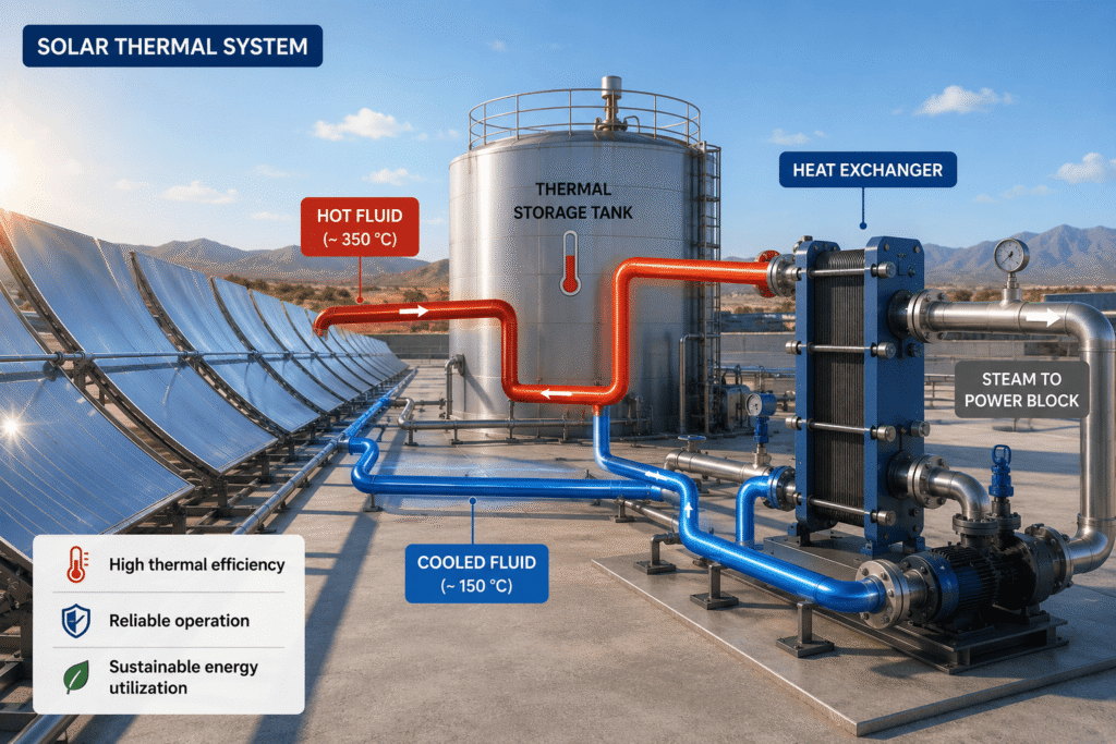 Industrielle Solarthermieanlage mit Wärmeträgerkreislauf, Wärmespeicher und Wärmetauscher für Hochtemperatur-Energieübertragungsanwendungen.