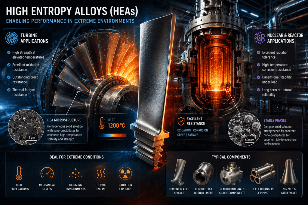 Scientific visualization of high entropy alloy applications in turbine and reactor systems, showing high-temperature components, oxidation resistance, thermal stability, and advanced microstructures for extreme industrial environments.