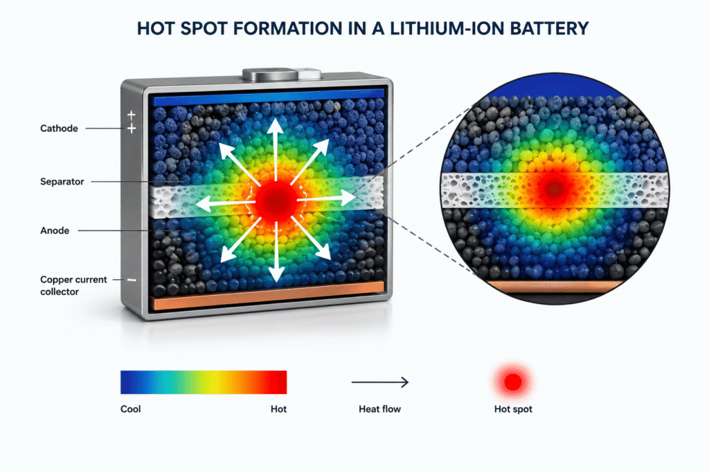 Querschnittsdarstellung einer Lithium-Ionen-Batterie, die die Bildung lokaler Hotspots, den Wärmefluss und Temperaturgradienten über die Kathoden-, Separator- und Anodenschichten hinweg zeigt.