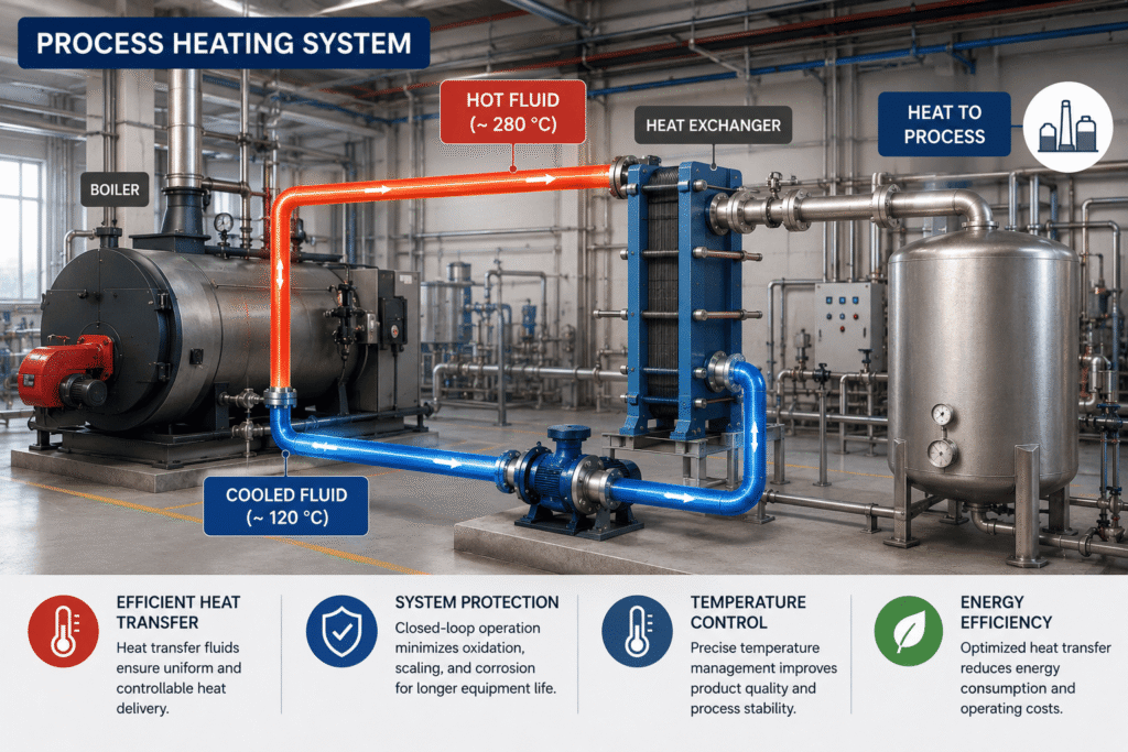 Industrielles Prozessheizungssystem mit Kessel, Wärmetauscher und zirkulierender Wärmeträgerflüssigkeit für effiziente Temperaturkontrolle und Wärmemanagement.