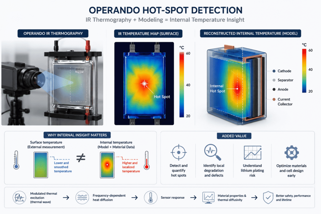 Scientific illustration showing operando IR thermography, internal temperature mapping, and hot-spot detection in lithium-ion batteries using thermal imaging and physics-based modeling.