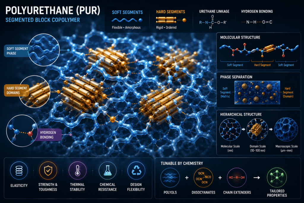 Scientific infographic illustrating the segmented microstructure of polyurethane (PUR) with flexible soft segments, rigid hard domains, hydrogen bonding, and phase separation influencing elasticity, toughness, and thermal stability.