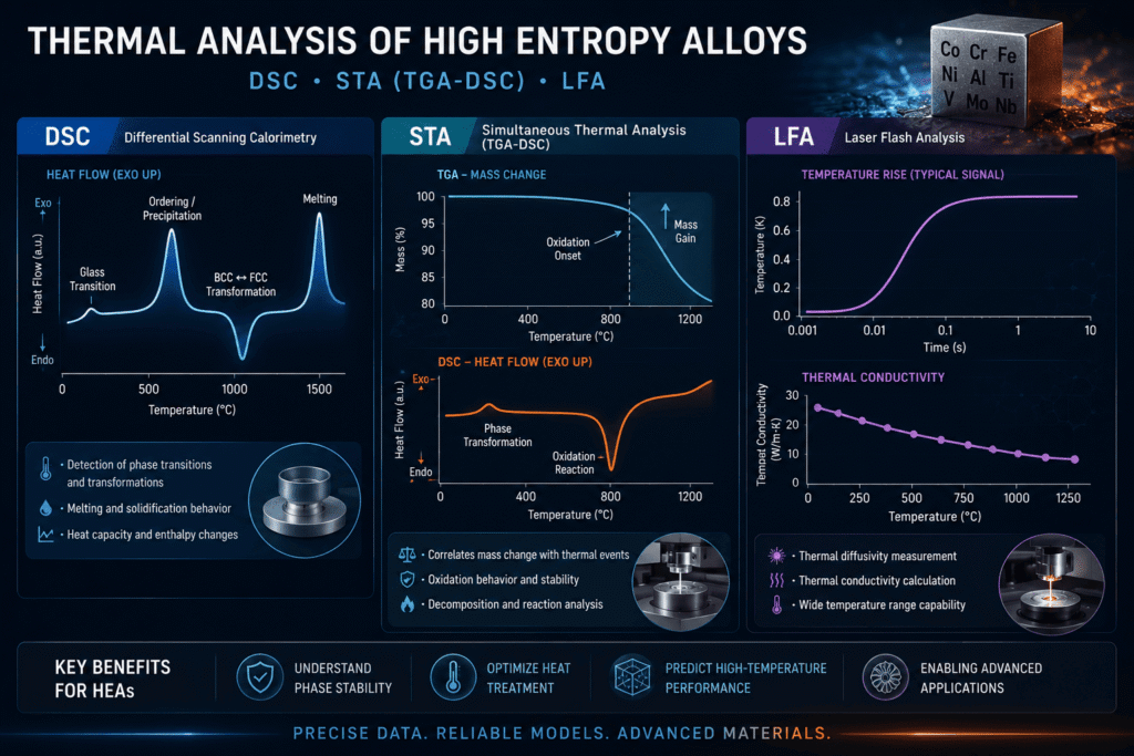 Scientific infographic illustrating DSC, STA, and LFA thermal analysis methods for high entropy alloys, including phase transformations, oxidation behavior, thermal stability, diffusivity, and thermal conductivity measurements at elevated temperatures.