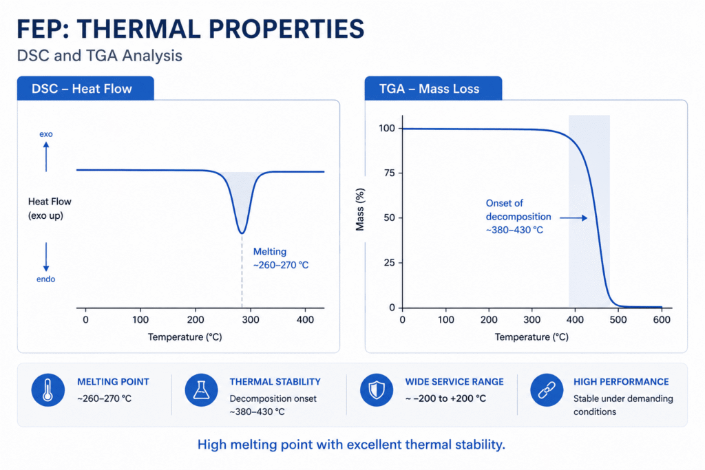 Wissenschaftliche Infografik zur DSC- und TGA-Analyse des Fluorpolymers FEP, einschließlich des Schmelzverhaltens bei etwa 260–270 °C und des Beginns der thermischen Zersetzung zwischen 380–430 °C.