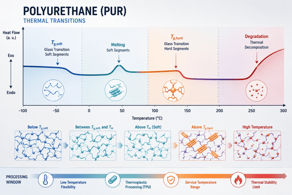Scientific infographic showing thermal transitions of polyurethane (PUR) including soft-segment glass transition, melting behavior, hard-segment transition, and thermal degradation across different temperature ranges.
