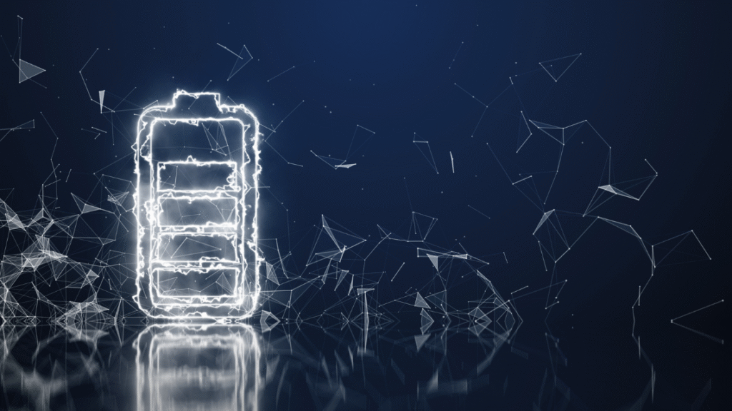 Abstract glowing battery icon with digital network structures and energy flow visualization, representing thermal behavior, battery safety, and lithium-ion cell analysis.