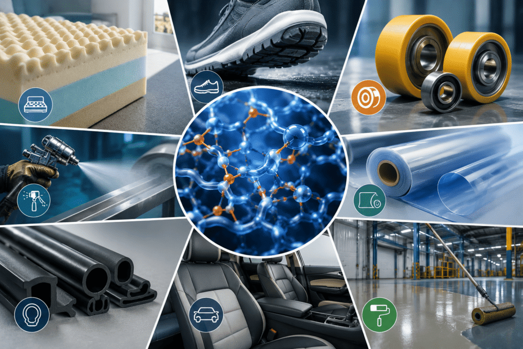 Collage of typical polyurethane (PUR) applications including foam materials, shoe soles, industrial rollers, automotive interiors, coatings, seals, films, and technical elastomer components surrounding a polymer network structure.