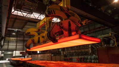 Im Stahlwerk wird eine glühende Stahlbramme verladen